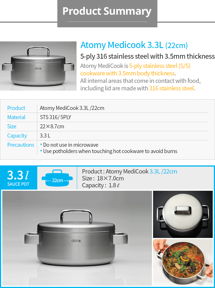 Atomy Medicook 22Cm Fry Pan 5-Ply 316 Medical Stainless Steel